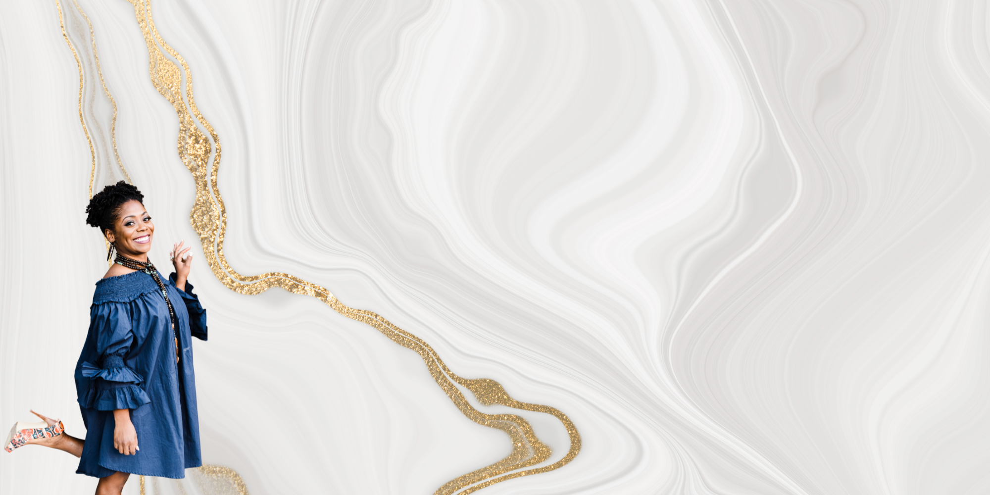 Owner of Eclectically Simple in a one of a kind wood lariat necklace coconut spear earrings and a blue dress with a confident smile