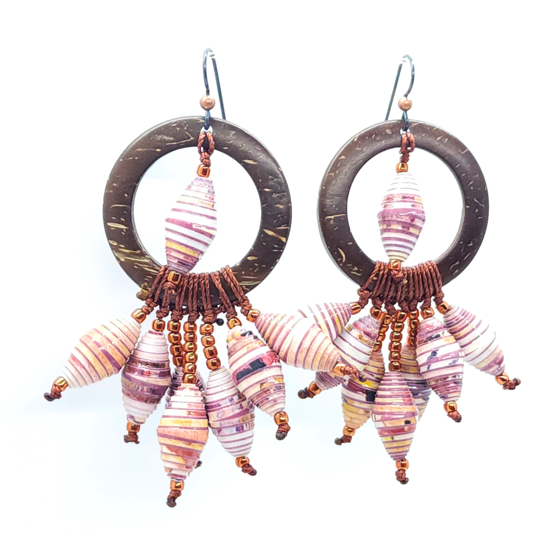 Chandelier earrings with hues of purples, orange and cream