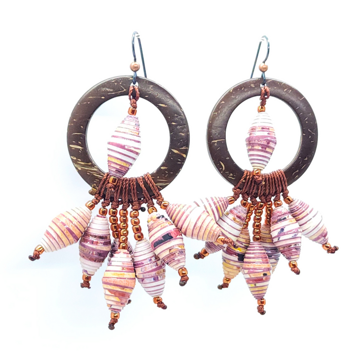 Chandelier earrings with hues of purples, orange and cream