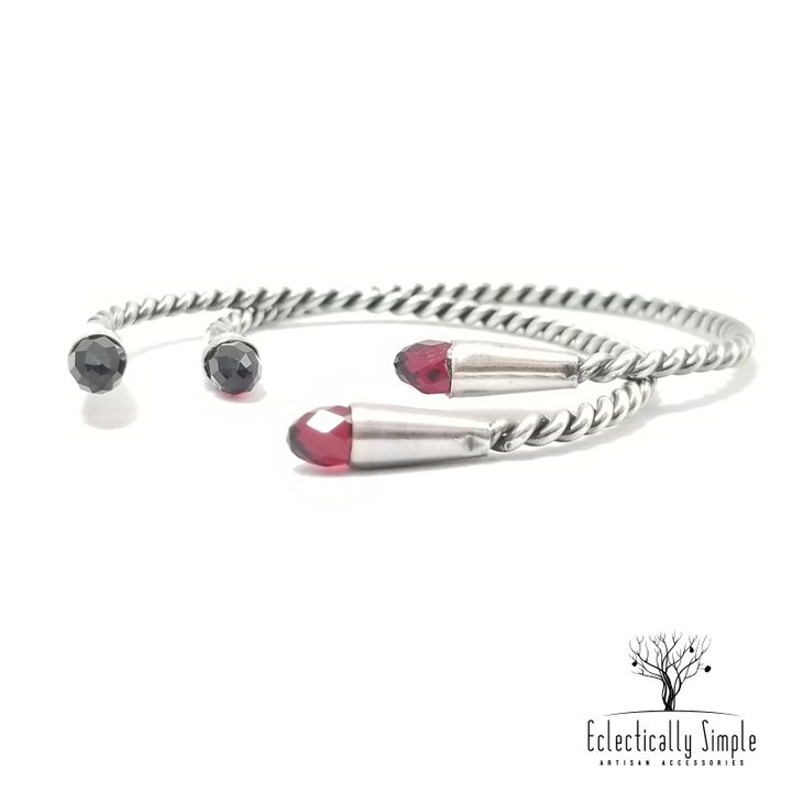 Twisted Sterling Silver Bangle Set With Ruby Swarovski Crystals - Eclectically Simple