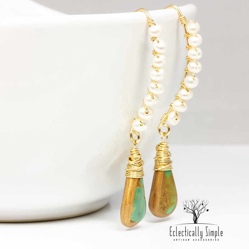 Pearl & Turquoise Gold Filled Gemstone Earrings - Eclectically Simple